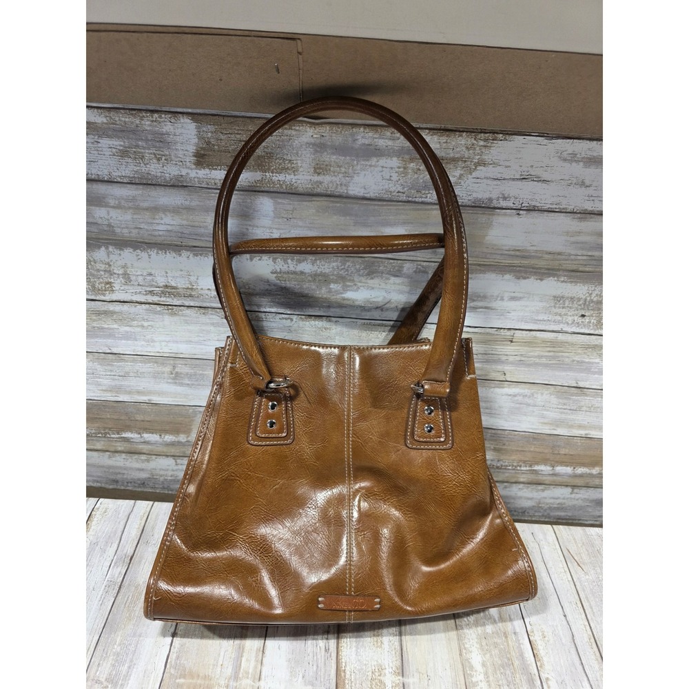 Nine & Co Cognac Brown‎ Faux Leather Shoulder Bag Contrast Stitch Tote Purse
